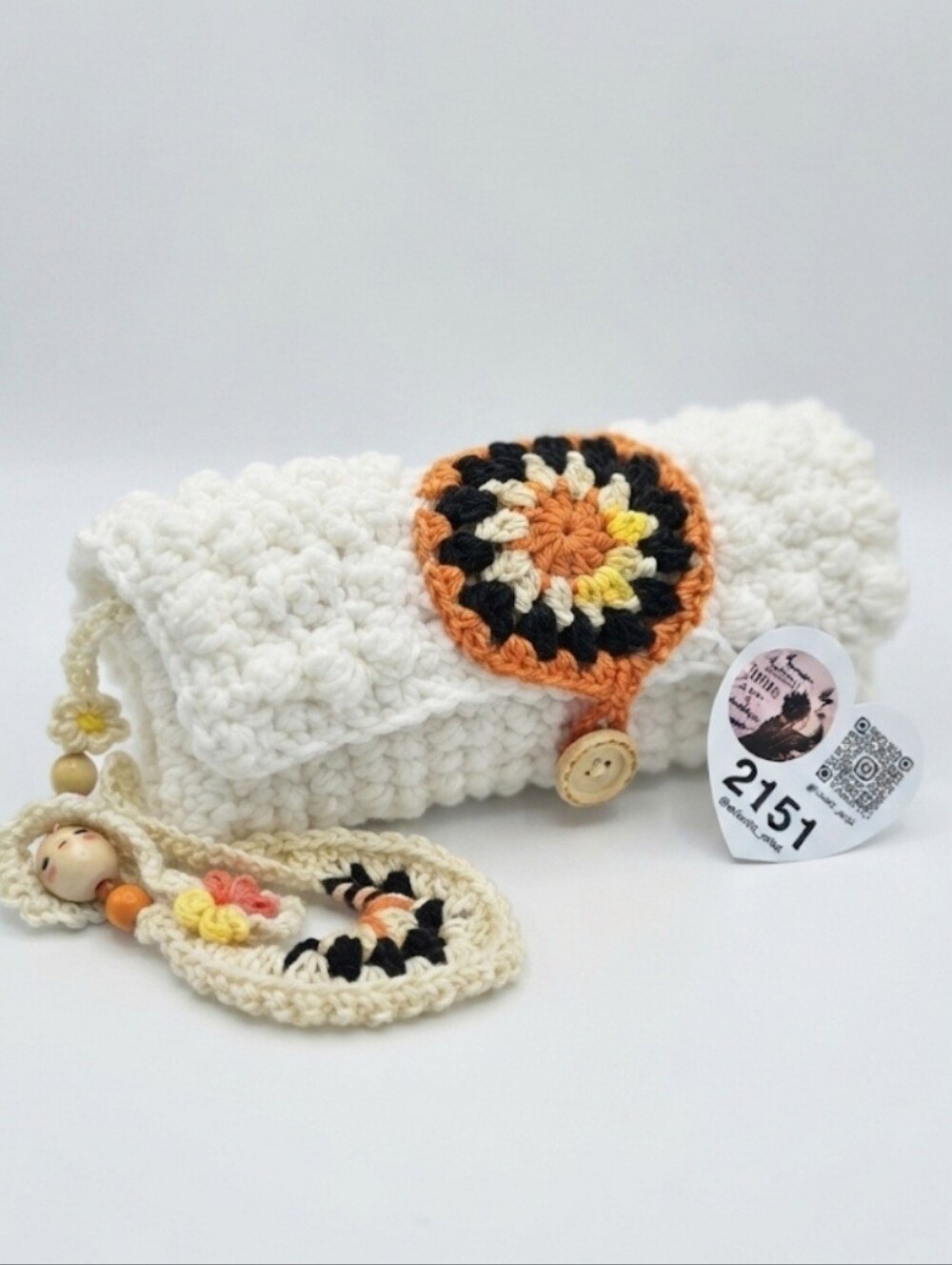 White Crochet Clutch with Orange and Black Accent Sunglasses Case Storage Bag
